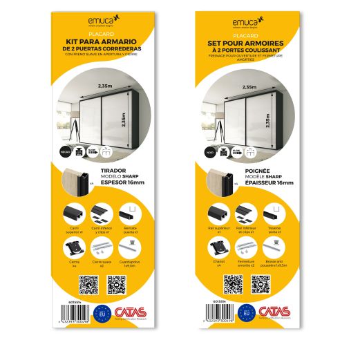 Emuca Kit di ferramenta per armadio 2 ante e chiusura ammortizzata Placard 74, Modello Maniglia Sharp, spessore 16 mm