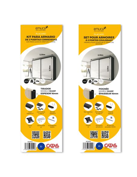 Emuca Kit di ferramenta per armadio 2 ante e chiusura ammortizzata Placard 74, Modello Maniglia Sharp, spessore 16 mm