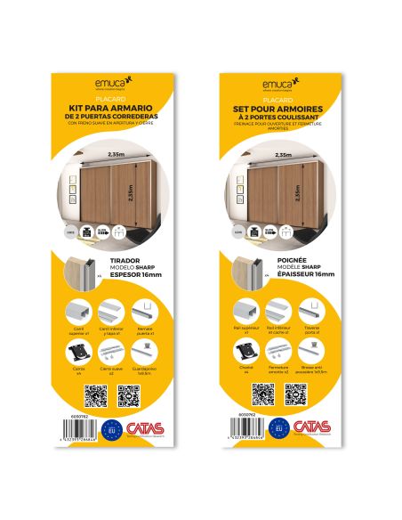 Emuca Kit di ferramenta per armadio a 2 ante e chiusura ammortizzata Placard 81, profilo Sharp, spessore 16 mm