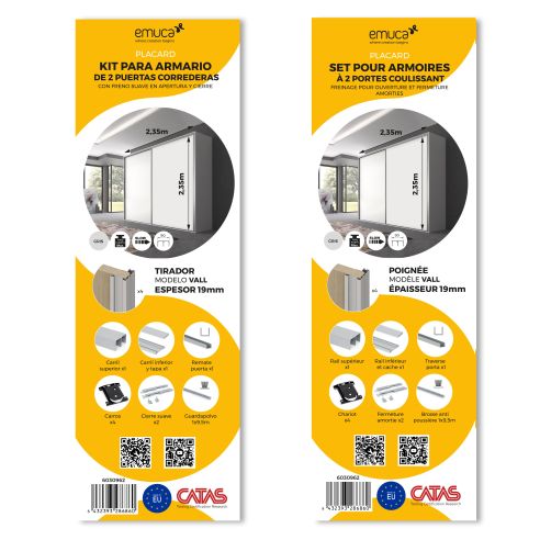 Emuca Kit di ferramenta per armadio a 2 ante e chiusura ammortizzata Placard 90, profilo Vall, spessore 19 mm