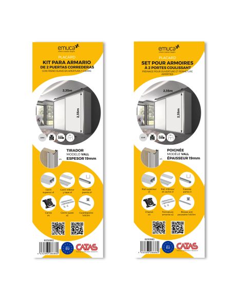 Emuca Kit di ferramenta per armadio a 2 ante e chiusura ammortizzata Placard 90, profilo Vall, spessore 19 mm