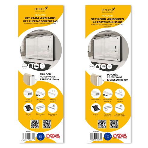 Emuca Kit di ferramenta per armadio a 2 ante e chiusura ammortizzata Placard 74, profilo Wave, spessore 16 mm