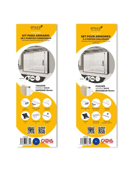 Emuca Kit di ferramenta per armadio a 2 ante e chiusura ammortizzata Placard 74, profilo Wave, spessore 16 mm