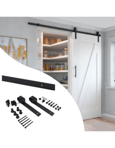 Emuca Sistema Barn per ante scorrevoli in legno sospese, Senza chiusura soft, Verniciato nero, Acciaio e Tecnoplastica