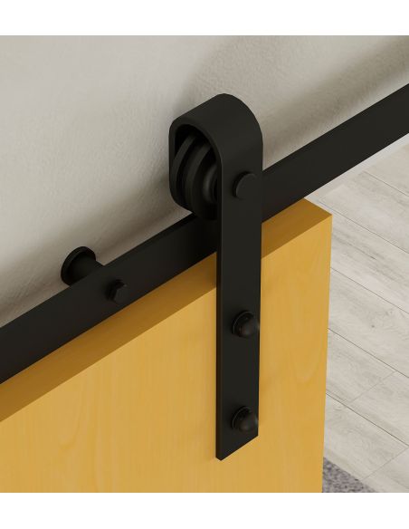 Emuca Sistema Barn per ante scorrevoli in legno sospese, Senza chiusura soft, Verniciato nero, Acciaio e Tecnoplastica