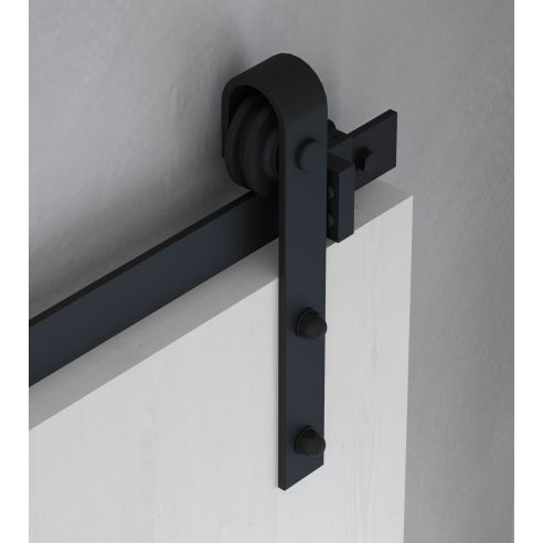 Emuca Sistema Barn per ante scorrevoli in legno sospese, Senza chiusura soft, Verniciato nero, Acciaio e Tecnoplastica