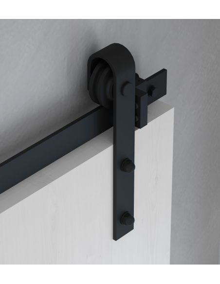 Emuca Sistema Barn per ante scorrevoli in legno sospese, Senza chiusura soft, Verniciato nero, Acciaio e Tecnoplastica