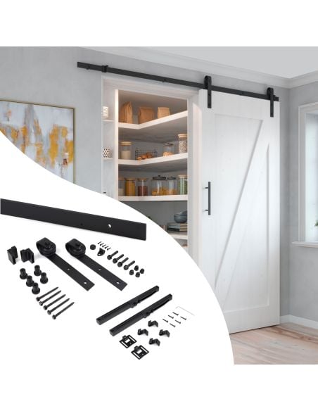 Emuca Sistema Barn per ante scorrevoli in legno sospese, Con chiusura soft, Verniciato nero, Acciaio e Tecnoplastica