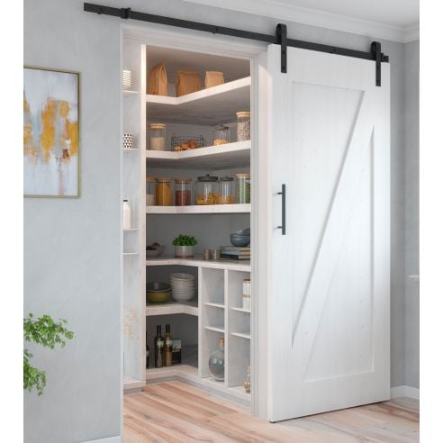 Emuca Sistema Barn per ante scorrevoli in legno sospese, Con chiusura soft, Verniciato nero, Acciaio e Tecnoplastica