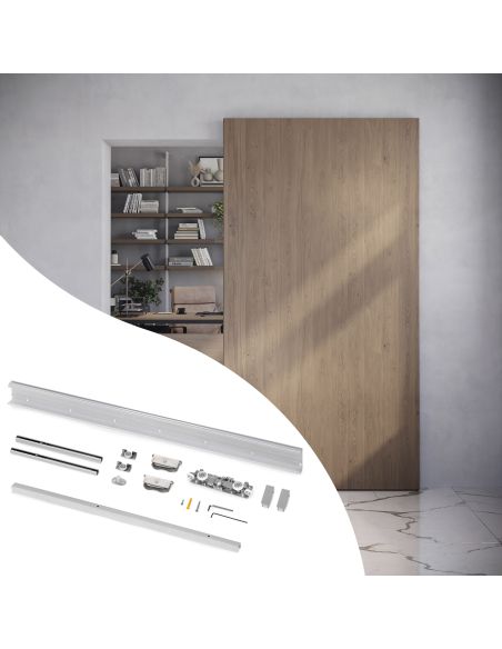 Emuca Kit di ferramenta per porta scorrevole appesa in legno Wall con chiusura soft, Acciaio, Alluminio e Tecnoplastica