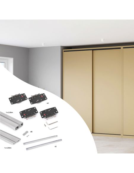 Emuca Sistema Flow 2 da superficie in kit per un armadio con 2 ante scorrevoli in legno supportate da chiusura ammortizzata