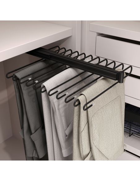 Emuca Portapantaloni estraibile, 11 aste, guide di estrazione totale, Acciaio, Verniciato nero