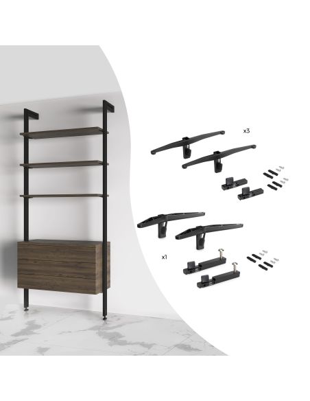 Emuca Kit di staffe per 3 ripiani in legno e 1 modulo per struttura Zero, Zama, Verniciato nero testurizzato