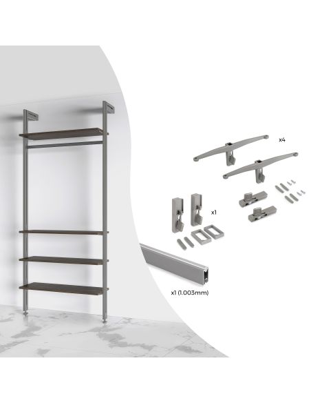 Emuca Kit di staffe per 4 ripiani in legno e 1 asta appendiabiti lunga 1 m Zero, Alluminio e Zama e Tecnoplastica