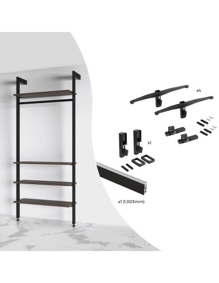 Emuca Kit di staffe per 4 ripiani in legno e 1 asta appendiabiti lunga 1 m Zero, Alluminio e Zama e Tecnoplastica