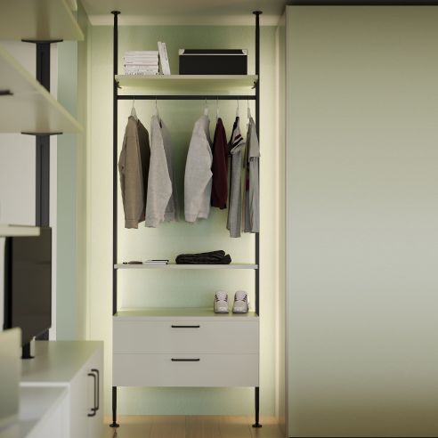 Emuca Kit di staffe per 4 ripiani in legno e 1 asta appendiabiti lunga 1 m Zero, Alluminio e Zama e Tecnoplastica