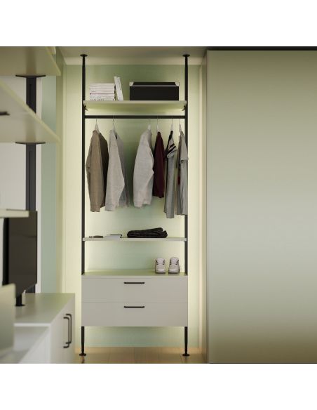 Emuca Kit di staffe per 4 ripiani in legno e 1 asta appendiabiti lunga 1 m Zero, Alluminio e Zama e Tecnoplastica