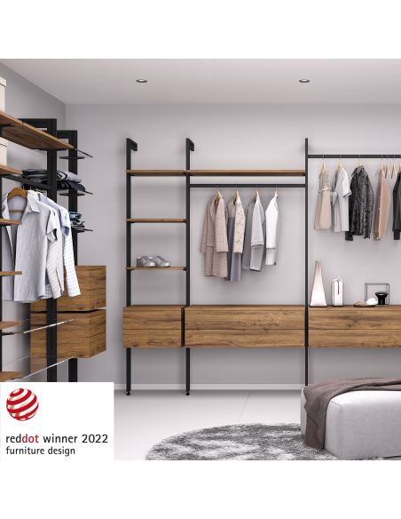 Emuca Kit di staffe per 4 ripiani in legno e 1 asta appendiabiti lunga 1 m Zero, Alluminio e Zama e Tecnoplastica