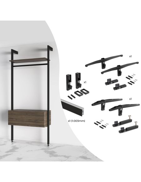 Emuca Kit di staffe per 1 ripiano in legno, 1 modulo e 1 asta di sospensione, lunghezza 1 m Zero, Zama, Verniciato nero