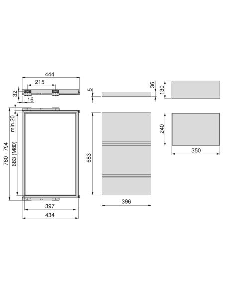 Emuca Kit di vassoio, 2 cestini organizzatori e telaio a scorrimento con chiusura ammortizzata per armadi, regolabile, modulo 80
