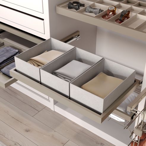 Emuca Kit di vassoio, 3 cestini organizzatori e telaio a scorrimento con chiusura ammortizzata per armadi, regolabile, modulo 90