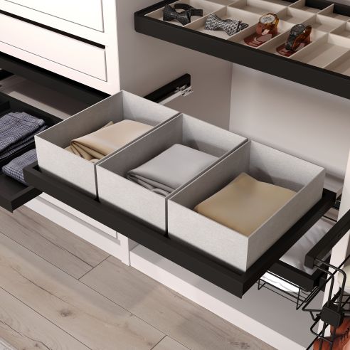 Emuca Kit di vassoio, 3 cestini organizzatori e telaio a scorrimento con chiusura ammortizzata per armadi, regolabile, modulo 90