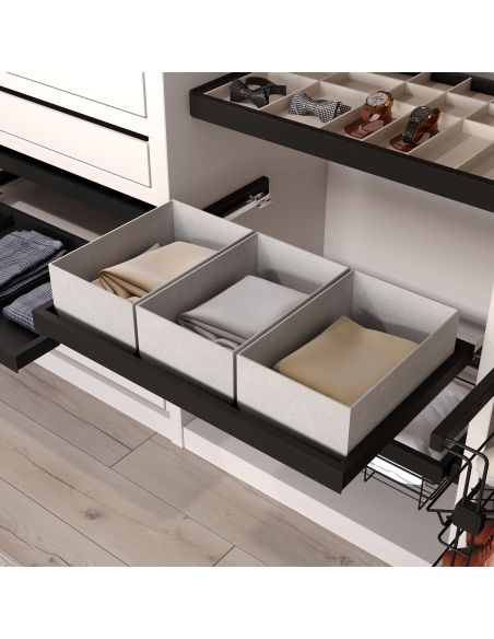 Emuca Kit di vassoio, 3 cestini organizzatori e telaio a scorrimento con chiusura ammortizzata per armadi, regolabile, modulo 90