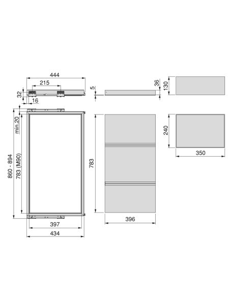 Emuca Kit di vassoio, 3 cestini organizzatori e telaio a scorrimento con chiusura ammortizzata per armadi, regolabile, modulo 90