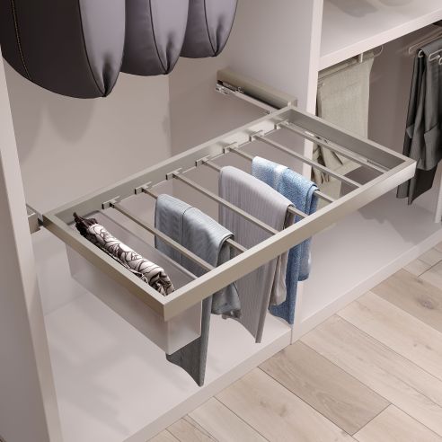 Emuca Kit di 7 aste portapantaloni e telaio a scorrimento Hack per armadi, chiusura ammortizzata, regolabile, modulo 600 mm