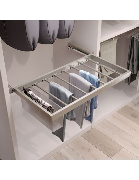 Emuca Kit di 7 aste portapantaloni e telaio a scorrimento Hack per armadi, chiusura ammortizzata, regolabile, modulo 600 mm