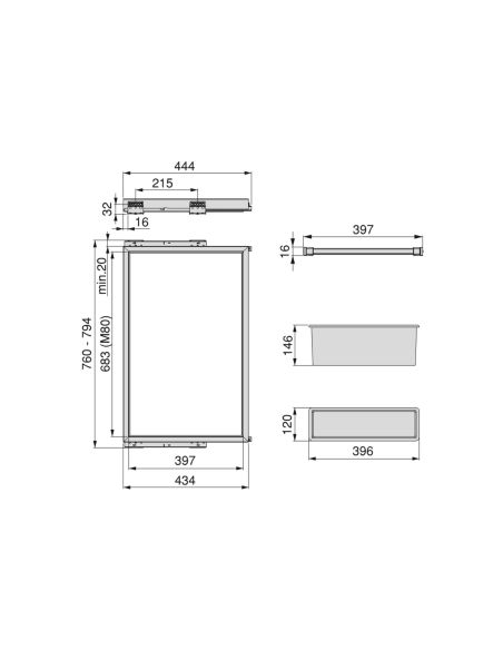Emuca Kit di 7 aste portapantaloni, 1 vassoio e 1 telaio a scorrimento con chiusura ammortizzata per armadi, regolabile, 80 cm