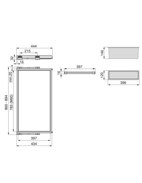 Emuca Kit di 7 aste portapantaloni, 2 vassoi e 1 telaio a scorrimento con chiusura ammortizzata per armadi, regolabile, 90 cm
