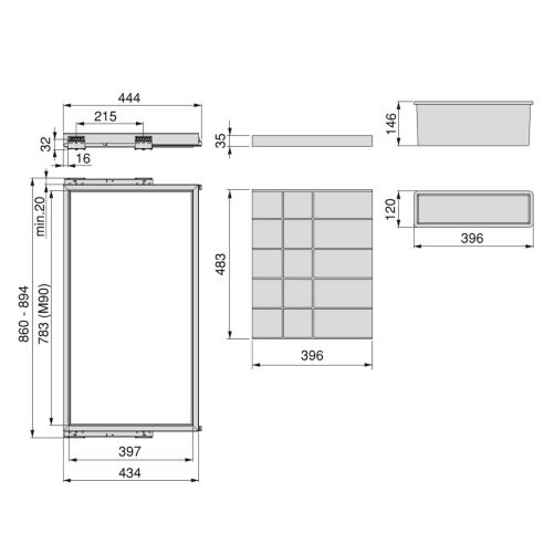 Emuca Kit di cassetti organizzatori, vassoio e telaio a scorrimento con chiusura ammortizzata per armadi, regolabile, 90 cm