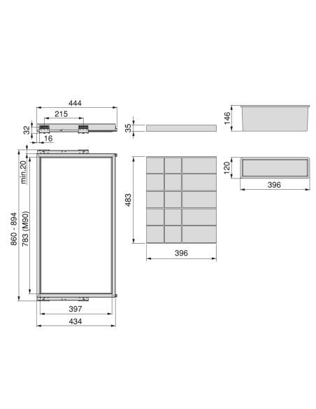 Emuca Kit di cassetti organizzatori, vassoio e telaio a scorrimento con chiusura ammortizzata per armadi, regolabile, 90 cm
