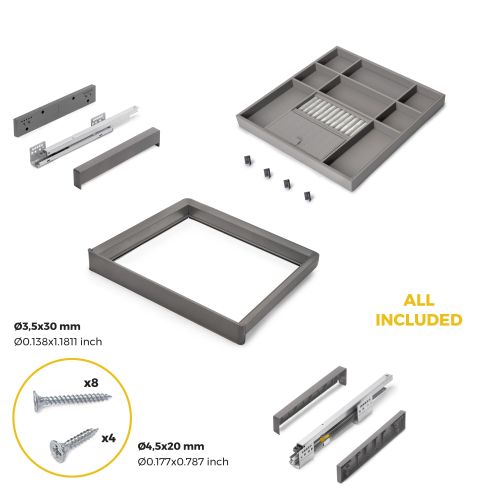 Emuca Kit cassetto organizzatore e telaio regolabile Quartz per armadi, chiusura ammortizzata e estrazione totale, modulo da 60 