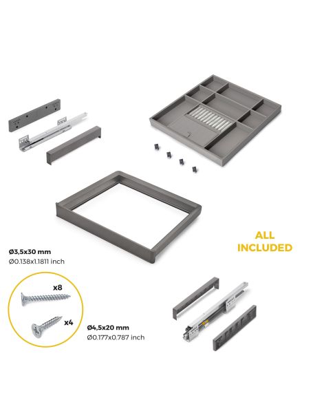 Emuca Kit cassetto organizzatore e telaio regolabile Quartz per armadi, chiusura ammortizzata e estrazione totale, modulo da 60 
