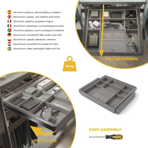 Emuca Kit cassetto organizzatore e telaio regolabile Quartz per armadi, chiusura ammortizzata e estrazione totale, modulo da 60 