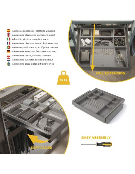 Emuca Kit cassetto organizzatore e telaio regolabile Quartz per armadi, chiusura ammortizzata e estrazione totale, modulo da 60 