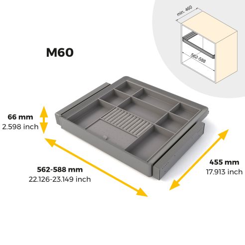 Emuca Kit cassetto organizzatore e telaio regolabile Quartz per armadi, chiusura ammortizzata e estrazione totale, modulo da 60 