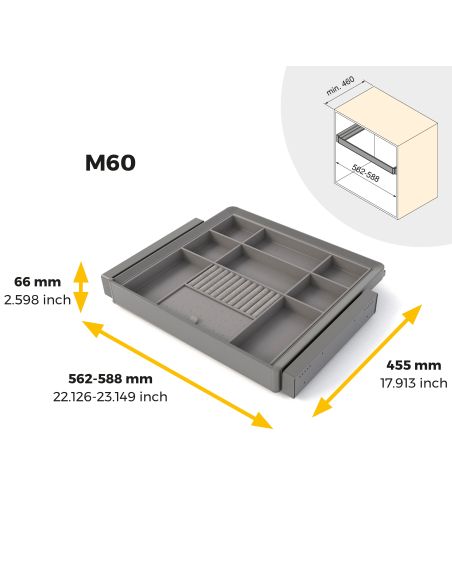 Emuca Kit cassetto organizzatore e telaio regolabile Quartz per armadi, chiusura ammortizzata e estrazione totale, modulo da 60 