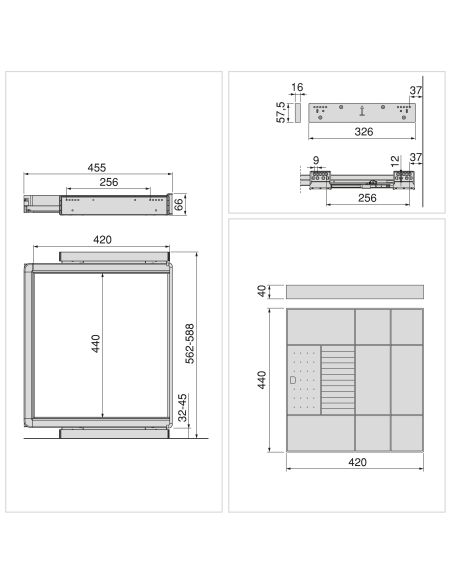 Emuca Kit cassetto organizzatore e telaio regolabile Quartz per armadi, chiusura ammortizzata e estrazione totale, modulo da 60 