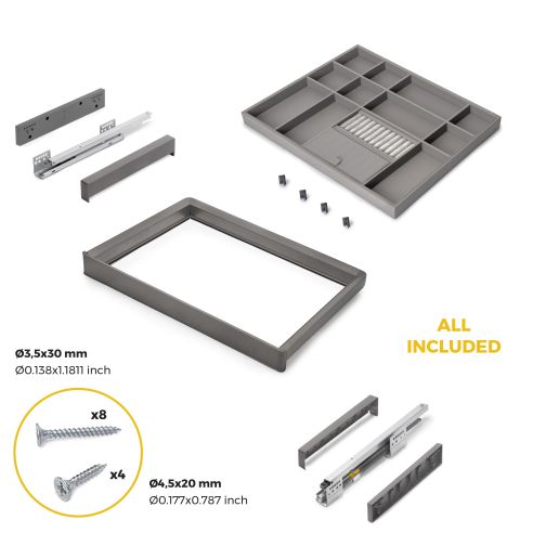 Emuca Kit cassetto organizzatore e telaio regolabile Quartz per armadi, chiusura ammortizzata e estrazione totale, modulo da 70 