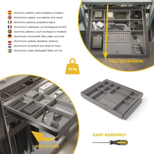 Emuca Kit cassetto organizzatore e telaio regolabile Quartz per armadi, chiusura ammortizzata e estrazione totale, modulo da 70 