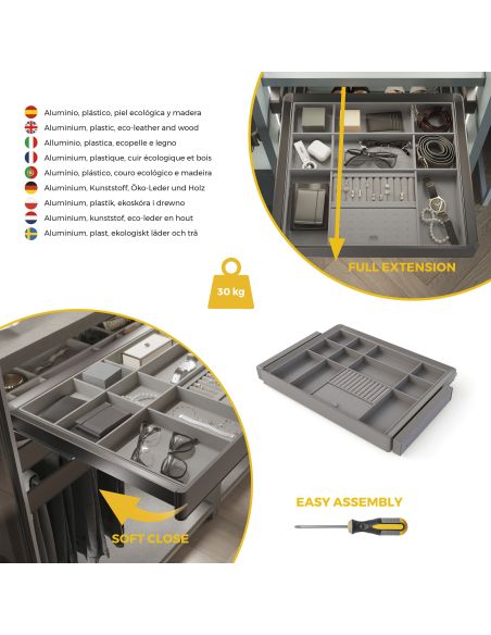 Emuca Kit cassetto organizzatore e telaio regolabile Quartz per armadi, chiusura ammortizzata e estrazione totale, modulo da 70 