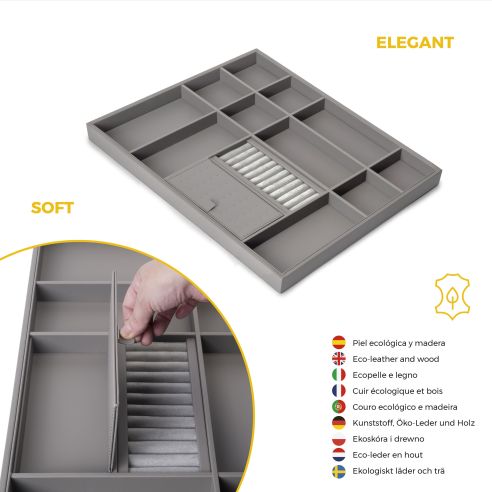 Emuca Kit cassetto organizzatore e telaio regolabile Quartz per armadi, chiusura ammortizzata e estrazione totale, modulo da 70 
