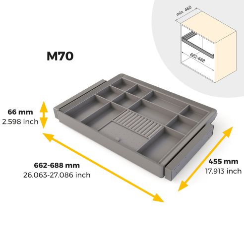 Emuca Kit cassetto organizzatore e telaio regolabile Quartz per armadi, chiusura ammortizzata e estrazione totale, modulo da 70 