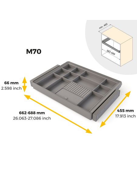Emuca Kit cassetto organizzatore e telaio regolabile Quartz per armadi, chiusura ammortizzata e estrazione totale, modulo da 70 