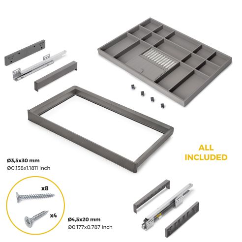 Emuca Kit cassetto organizzatore e telaio regolabile Quartz per armadi, chiusura ammortizzata e estrazione totale, modulo da 80 