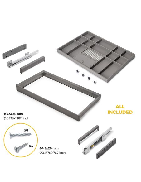 Emuca Kit cassetto organizzatore e telaio regolabile Quartz per armadi, chiusura ammortizzata e estrazione totale, modulo da 80 