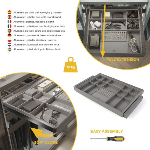 Emuca Kit cassetto organizzatore e telaio regolabile Quartz per armadi, chiusura ammortizzata e estrazione totale, modulo da 80 